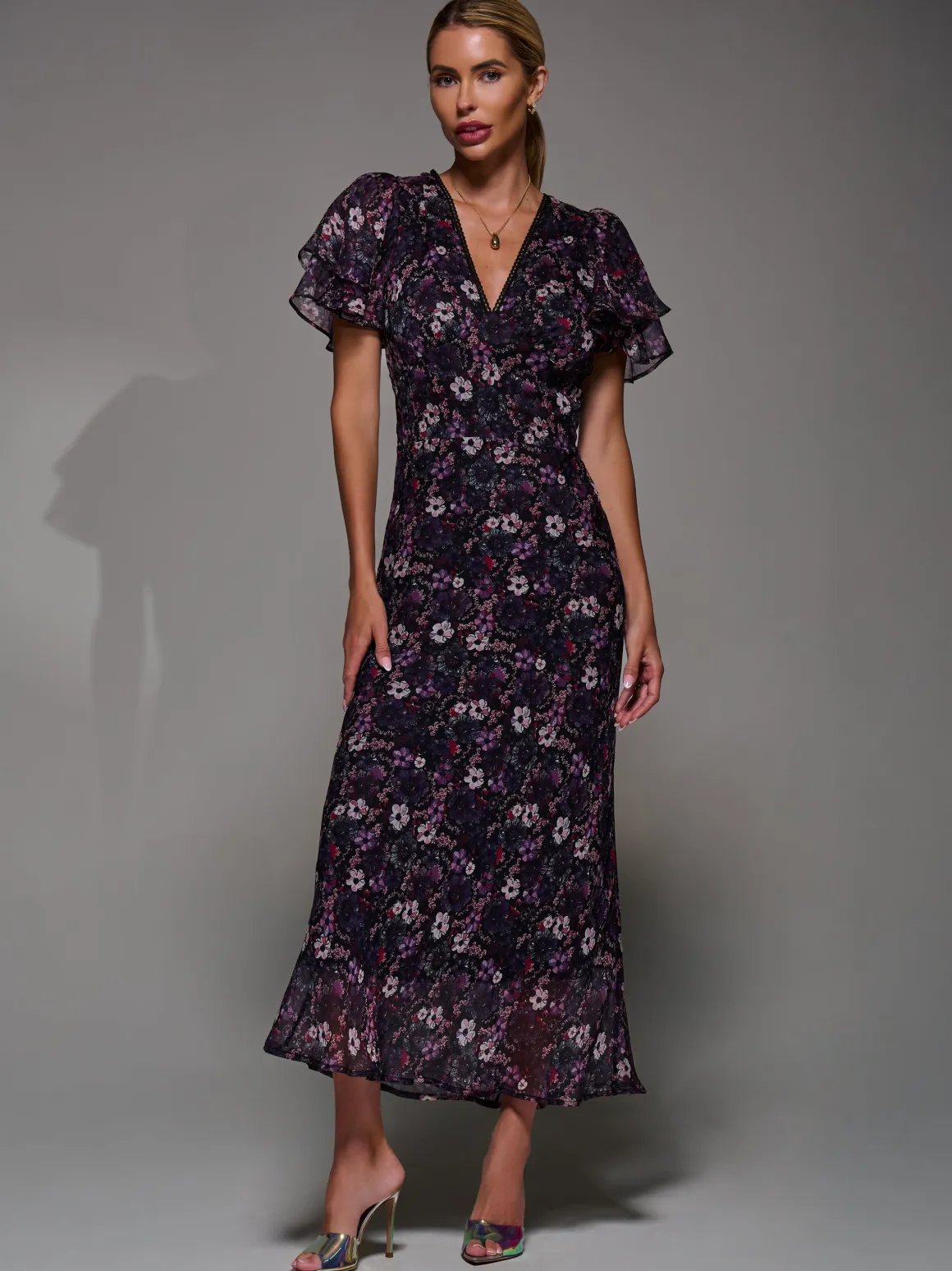 V-Neck Frill Sleeve Chiffon Midaxi Dress, Purple Multi