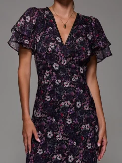 V-Neck Frill Sleeve Chiffon Midaxi Dress, Purple Multi