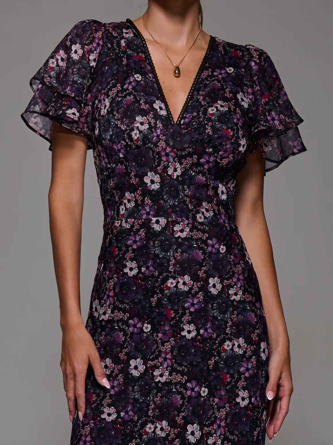 V-Neck Frill Sleeve Chiffon Midaxi Dress, Purple Multi