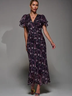 V-Neck Frill Sleeve Chiffon Midaxi Dress, Purple Multi