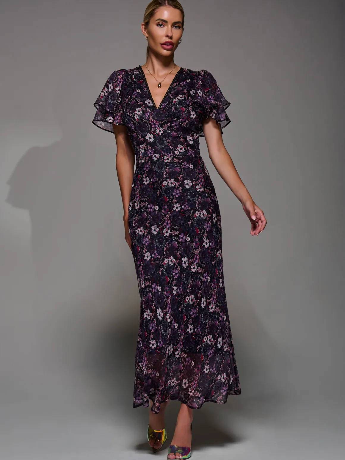V-Neck Frill Sleeve Chiffon Midaxi Dress, Purple Multi
