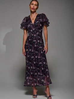V-Neck Frill Sleeve Chiffon Midaxi Dress, Purple Multi