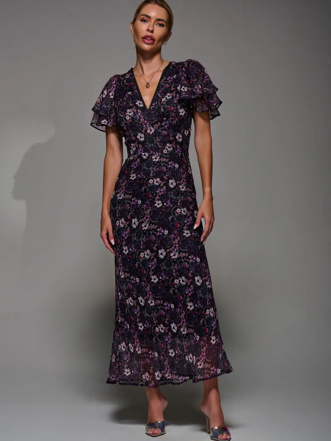 V-Neck Frill Sleeve Chiffon Midaxi Dress, Purple Multi