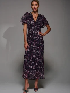 V-Neck Frill Sleeve Chiffon Midaxi Dress, Purple Multi