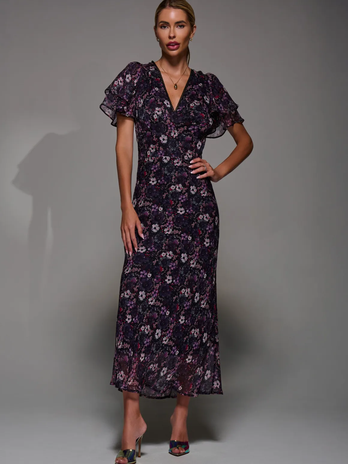 V-Neck Frill Sleeve Chiffon Midaxi Dress, Purple Multi