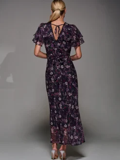 V-Neck Frill Sleeve Chiffon Midaxi Dress, Purple Multi