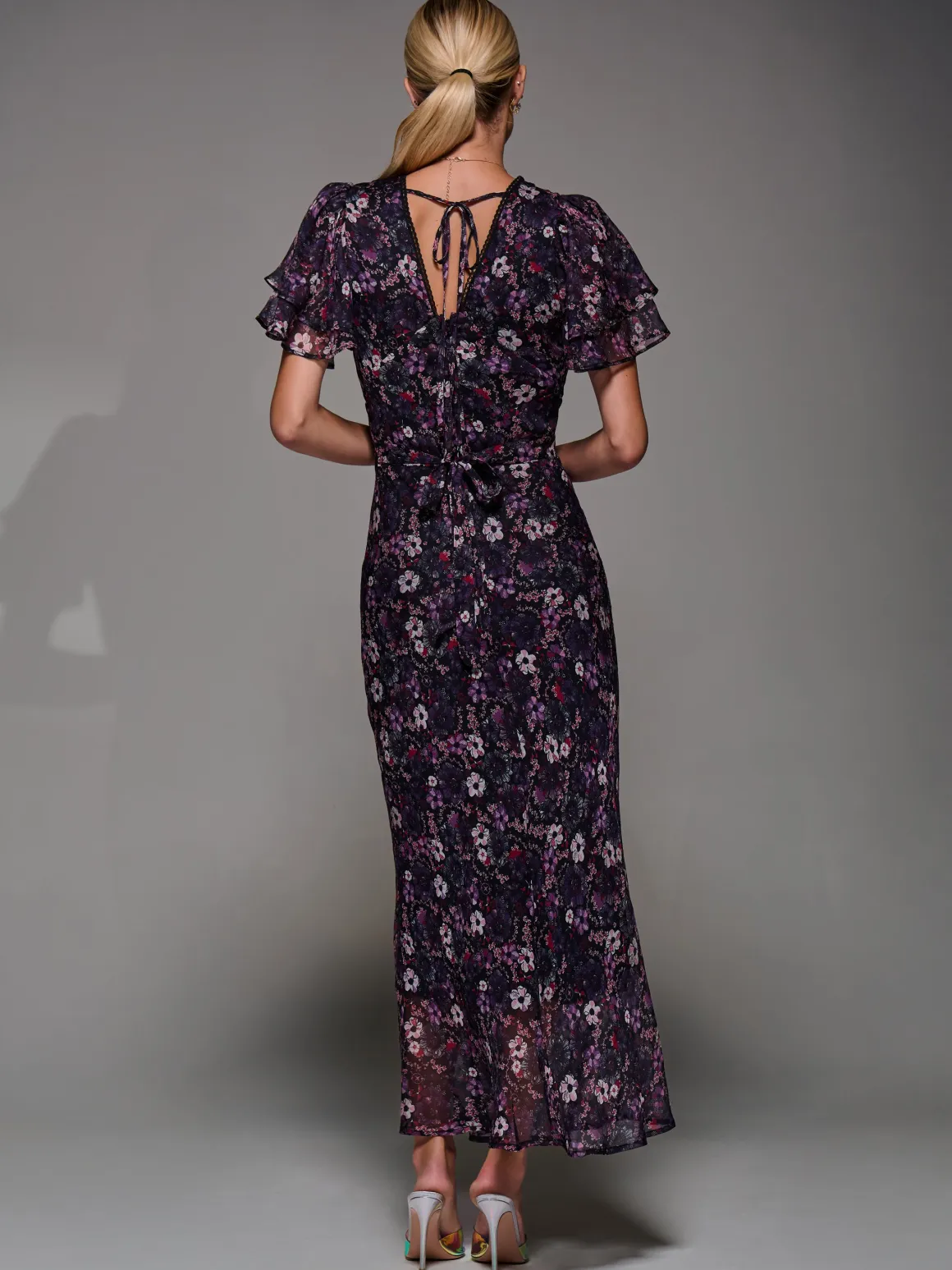 V-Neck Frill Sleeve Chiffon Midaxi Dress, Purple Multi