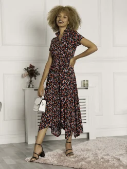 V Neck Hanky Maxi Dress, Black Multi