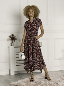 V Neck Hanky Maxi Dress, Black Multi