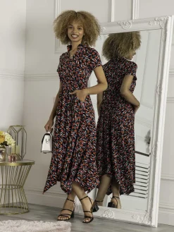 V Neck Hanky Maxi Dress, Black Multi