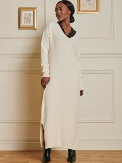 V-Neck Knitted Longline Dress, Beige Heather