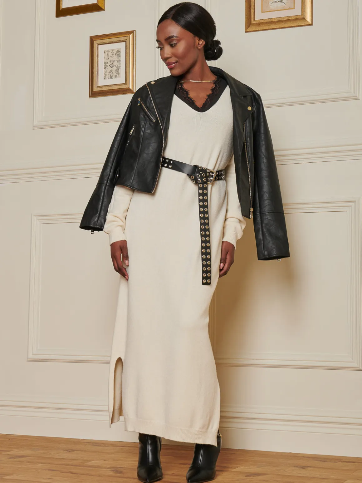 V-Neck Knitted Longline Dress, Beige Heather