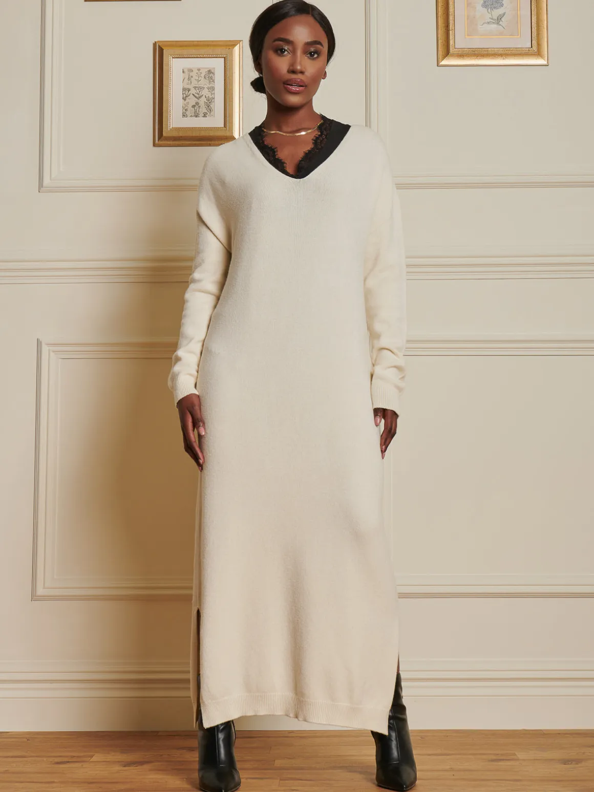 V-Neck Knitted Longline Dress, Beige Heather