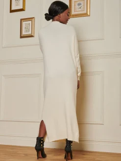 V-Neck Knitted Longline Dress, Beige Heather