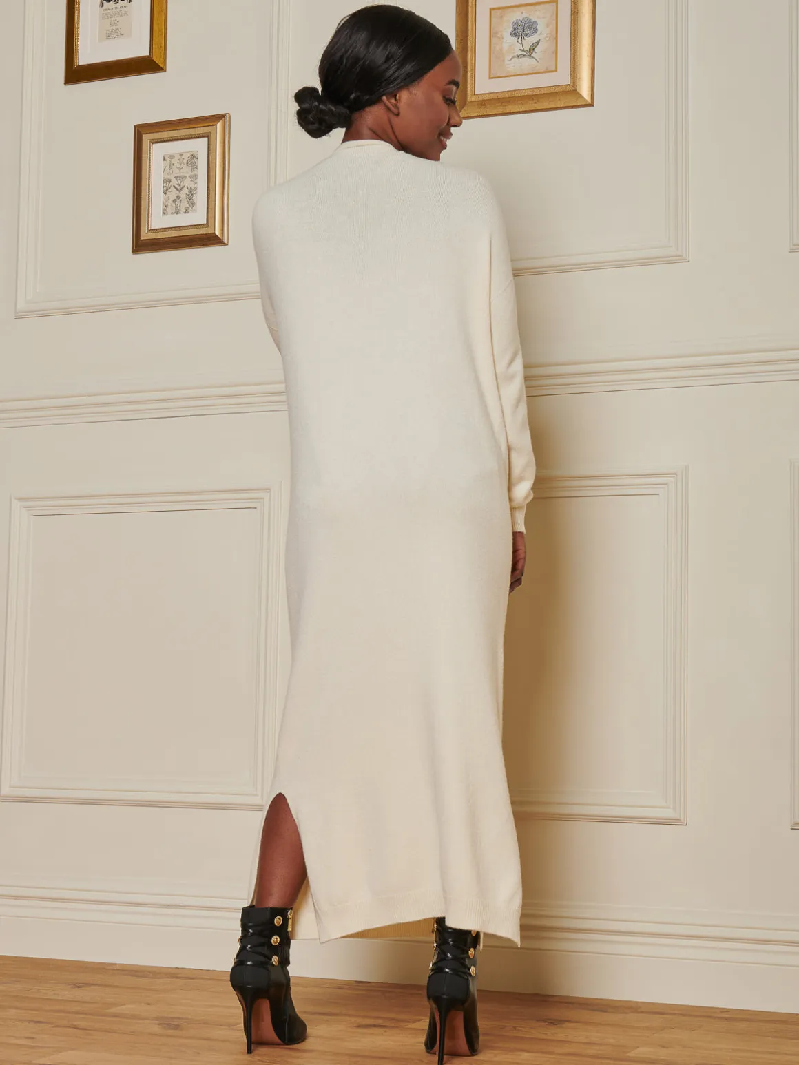 V-Neck Knitted Longline Dress, Beige Heather