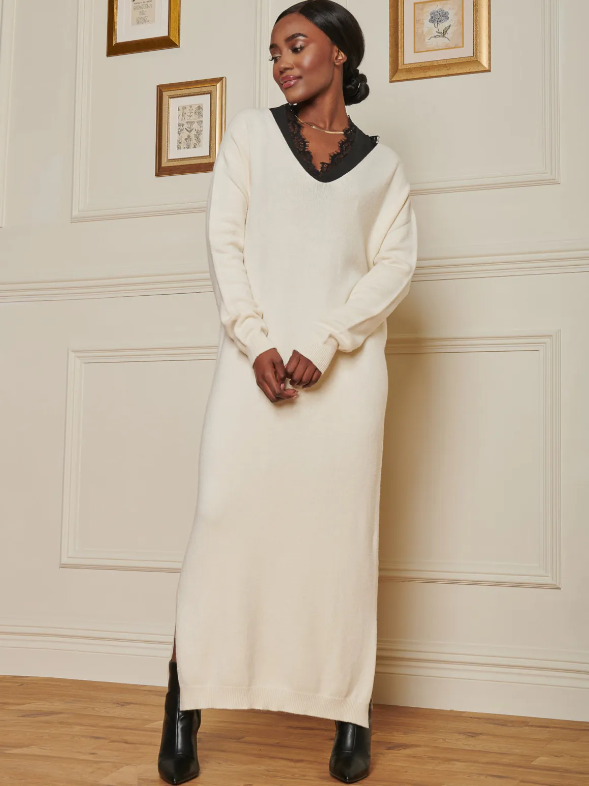 V-Neck Knitted Longline Dress, Beige Heather