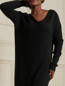 V-Neck Knitted Longline Dress, Black