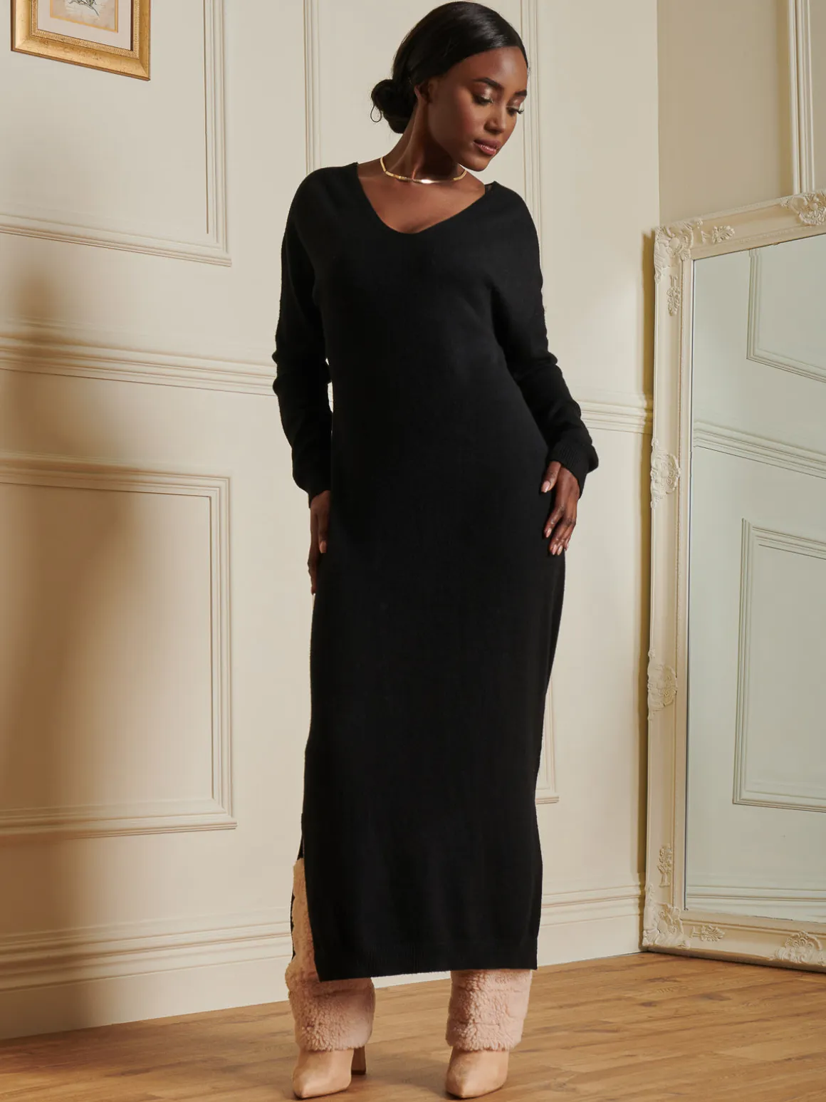 V-Neck Knitted Longline Dress, Black