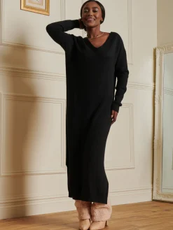 V-Neck Knitted Longline Dress, Black