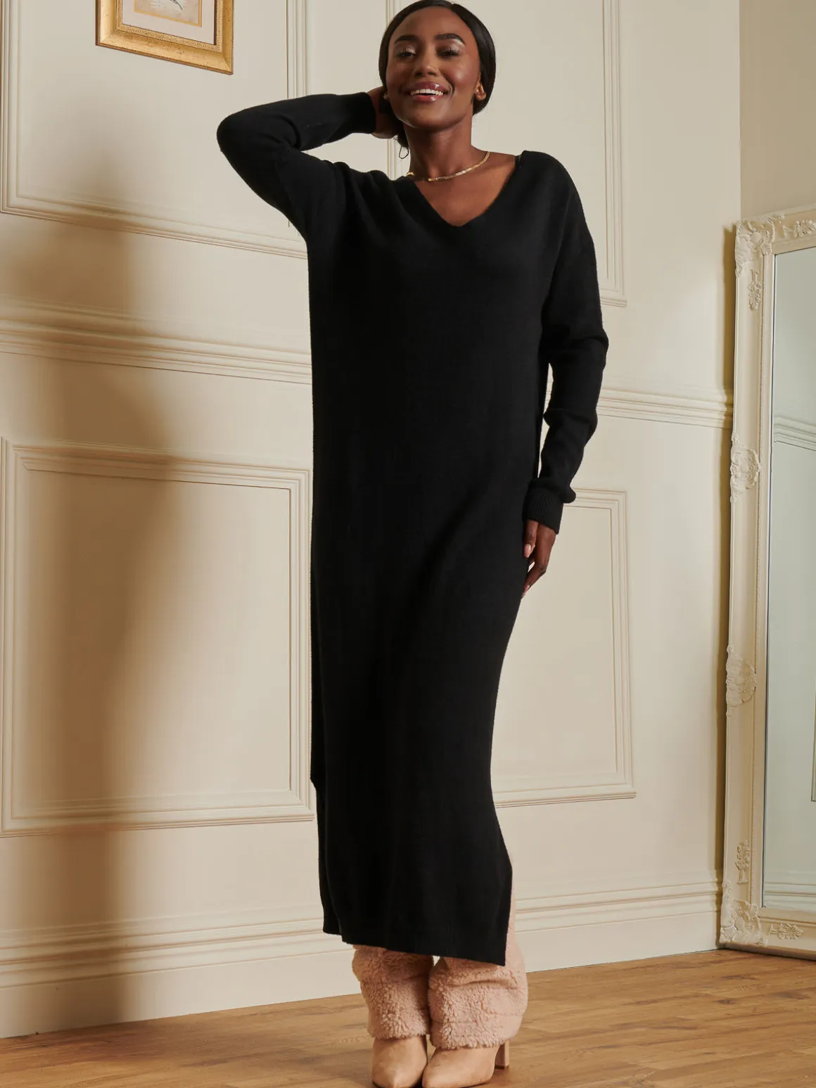 V-Neck Knitted Longline Dress, Black
