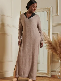 V-Neck Knitted Longline Dress, Dusky Rose