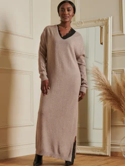 V-Neck Knitted Longline Dress, Dusky Rose