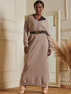 V-Neck Knitted Longline Dress, Dusky Rose