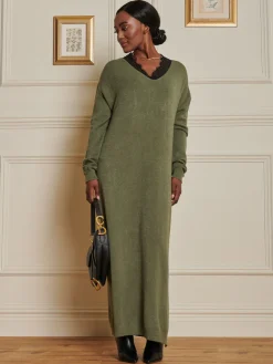 V-Neck Knitted Longline Dress, Soldier Green