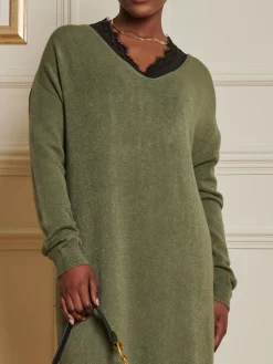 V-Neck Knitted Longline Dress, Soldier Green