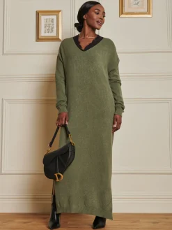 V-Neck Knitted Longline Dress, Soldier Green