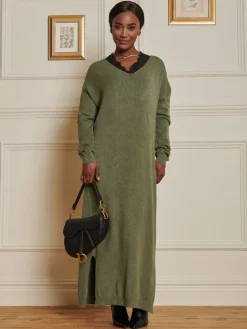 V-Neck Knitted Longline Dress, Soldier Green