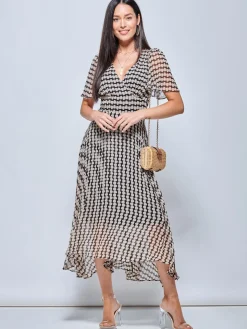 V Neck Pleated Chiffon Maxi Dress, Taupe Multi