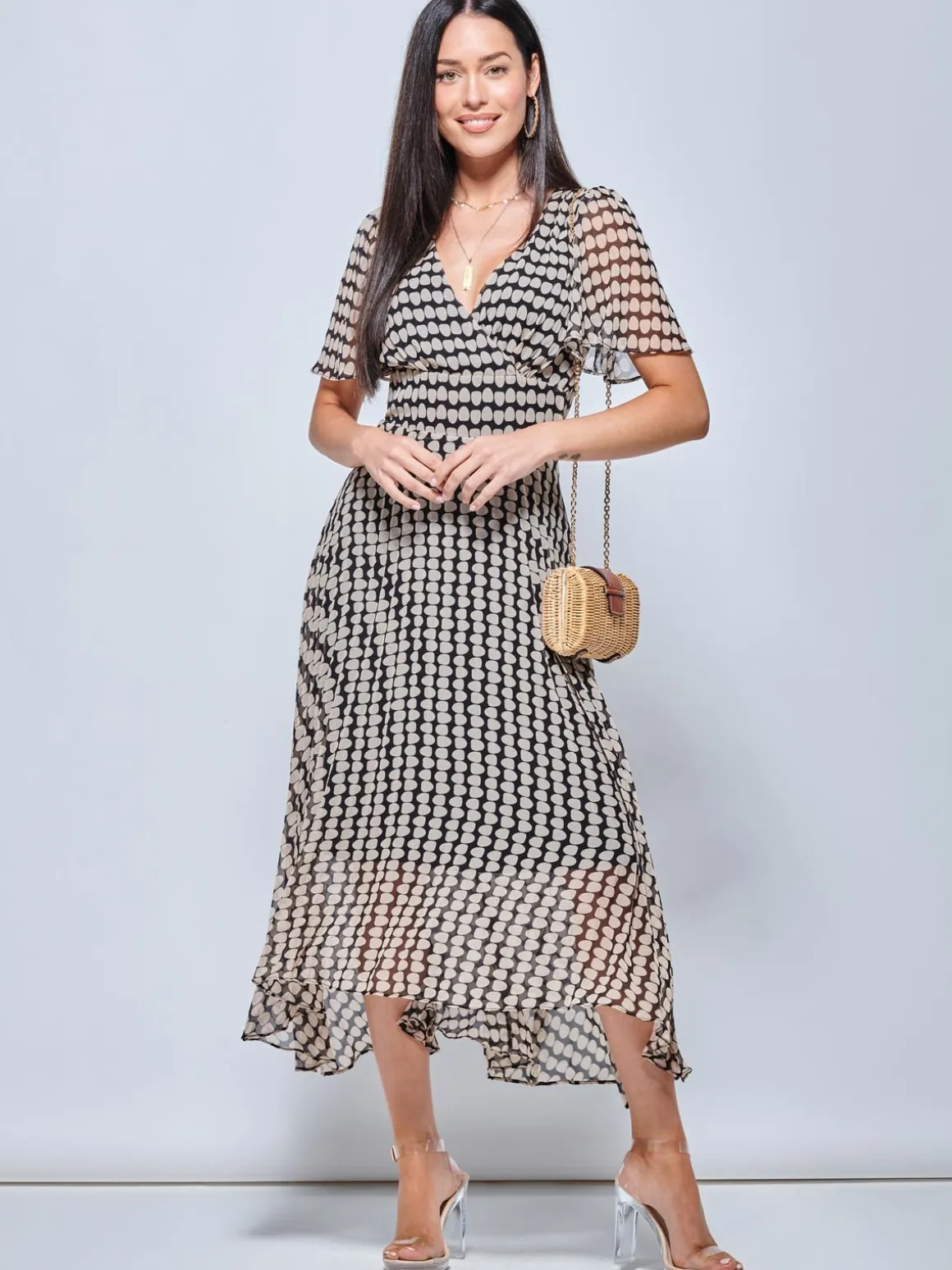 V Neck Pleated Chiffon Maxi Dress, Taupe Multi