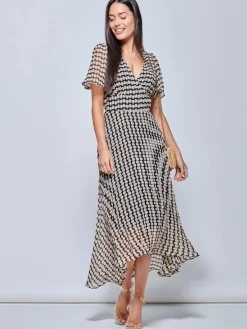 V Neck Pleated Chiffon Maxi Dress, Taupe Multi
