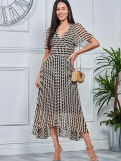 V Neck Pleated Chiffon Maxi Dress, Taupe Multi