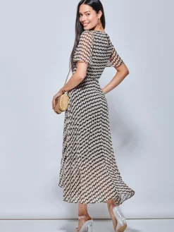 V Neck Pleated Chiffon Maxi Dress, Taupe Multi