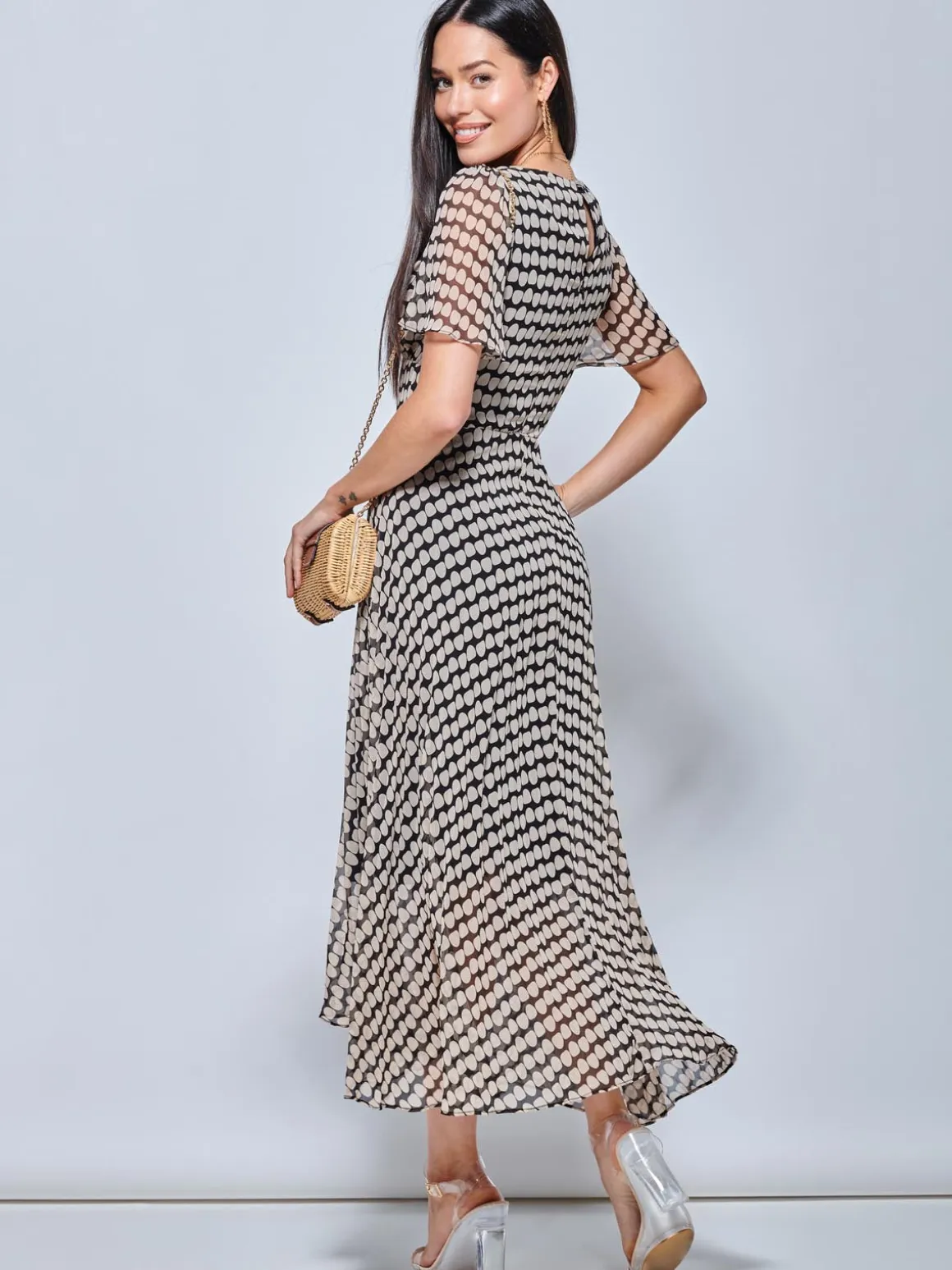 V Neck Pleated Chiffon Maxi Dress, Taupe Multi
