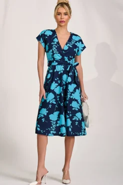 V Neck Print Scuba Midi Dress, Blue Floral