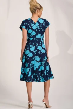 V Neck Print Scuba Midi Dress, Blue Floral