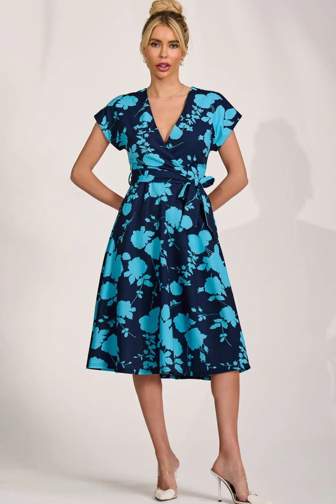 V Neck Print Scuba Midi Dress, Blue Floral