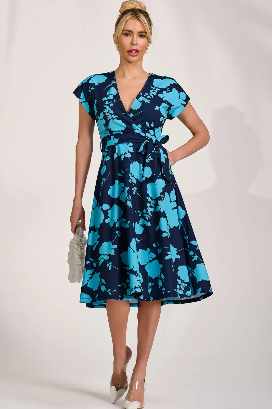 V Neck Print Scuba Midi Dress, Blue Floral