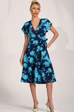 V Neck Print Scuba Midi Dress, Blue Floral