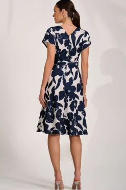 V Neck Print Scuba Midi Dress, Cream Floral