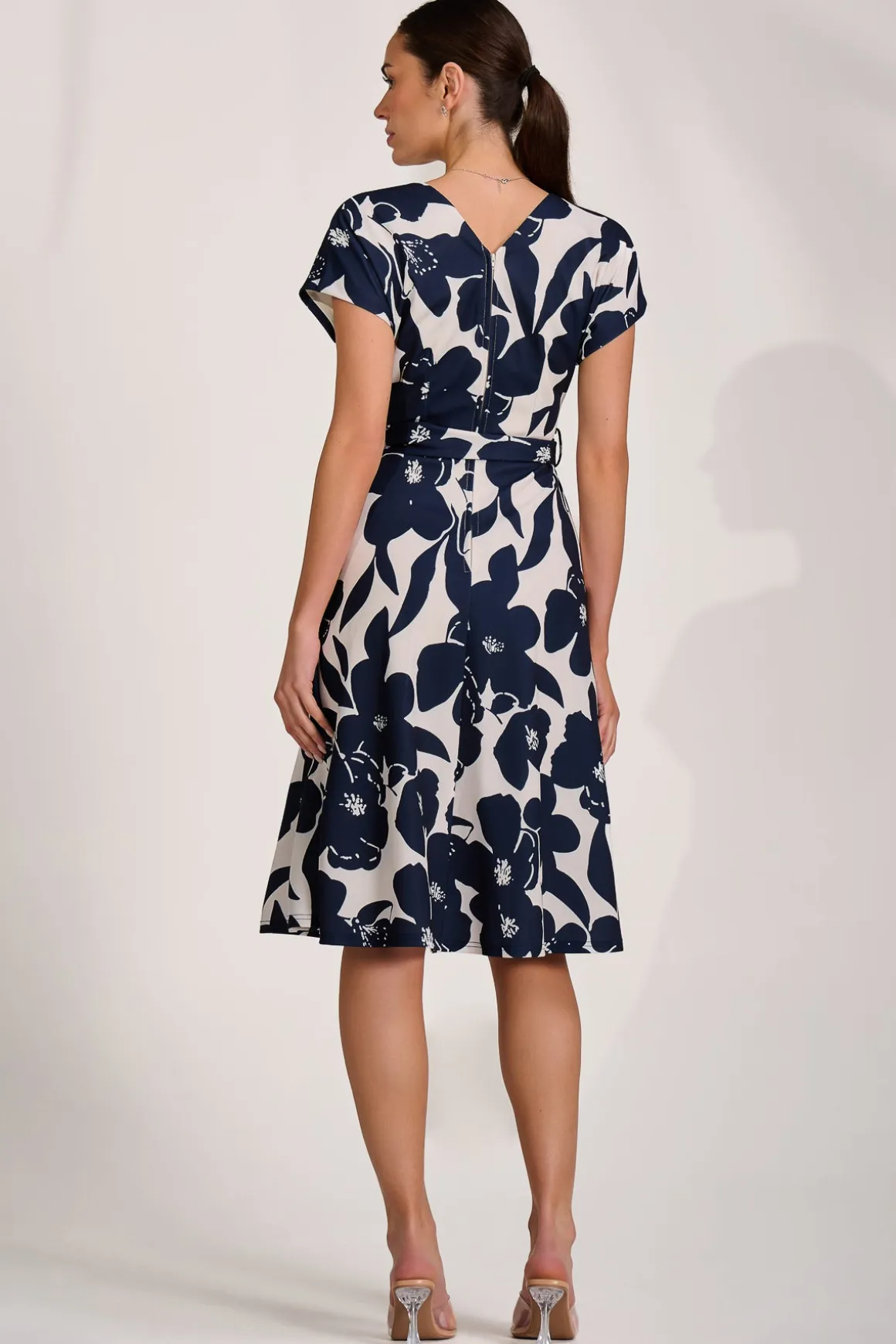 V Neck Print Scuba Midi Dress, Cream Floral