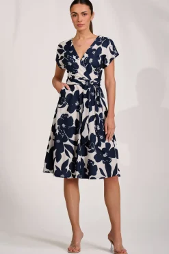 V Neck Print Scuba Midi Dress, Cream Floral