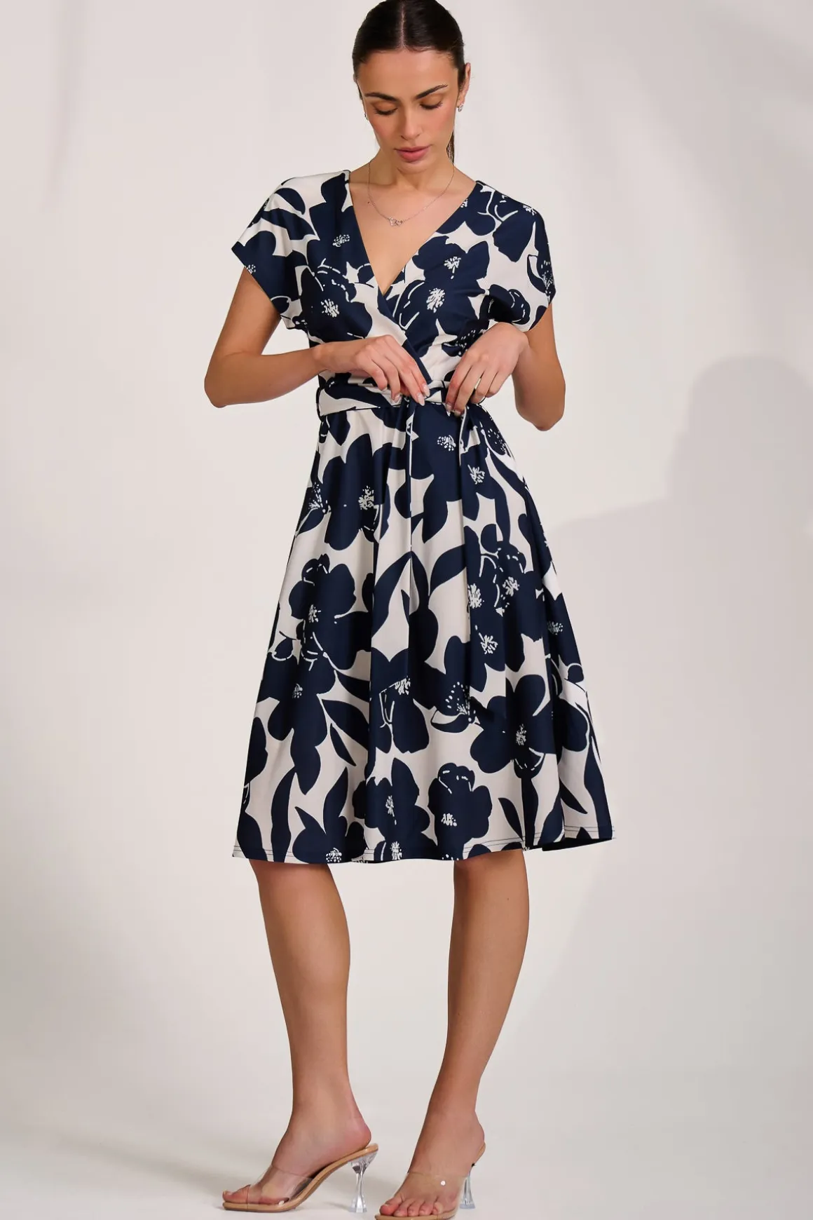 V Neck Print Scuba Midi Dress, Cream Floral