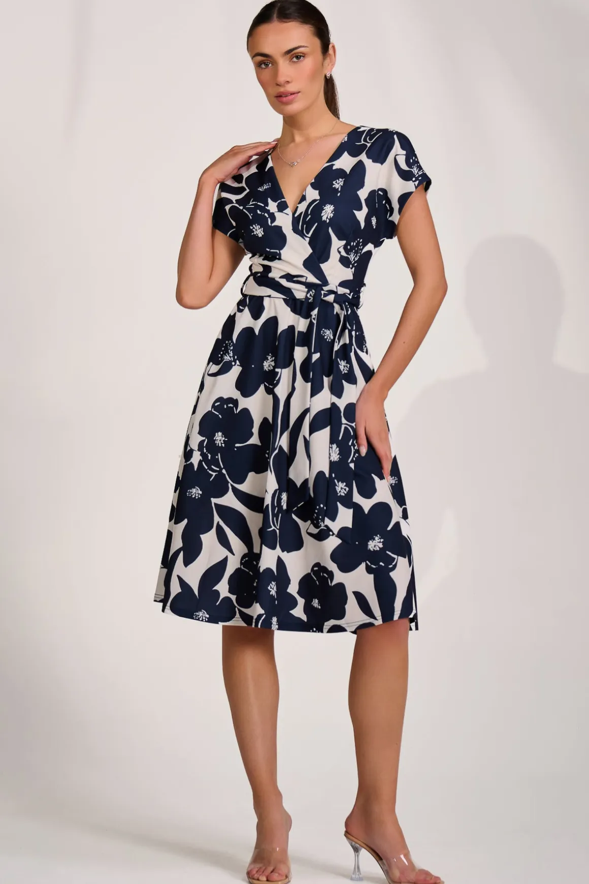 V Neck Print Scuba Midi Dress, Cream Floral