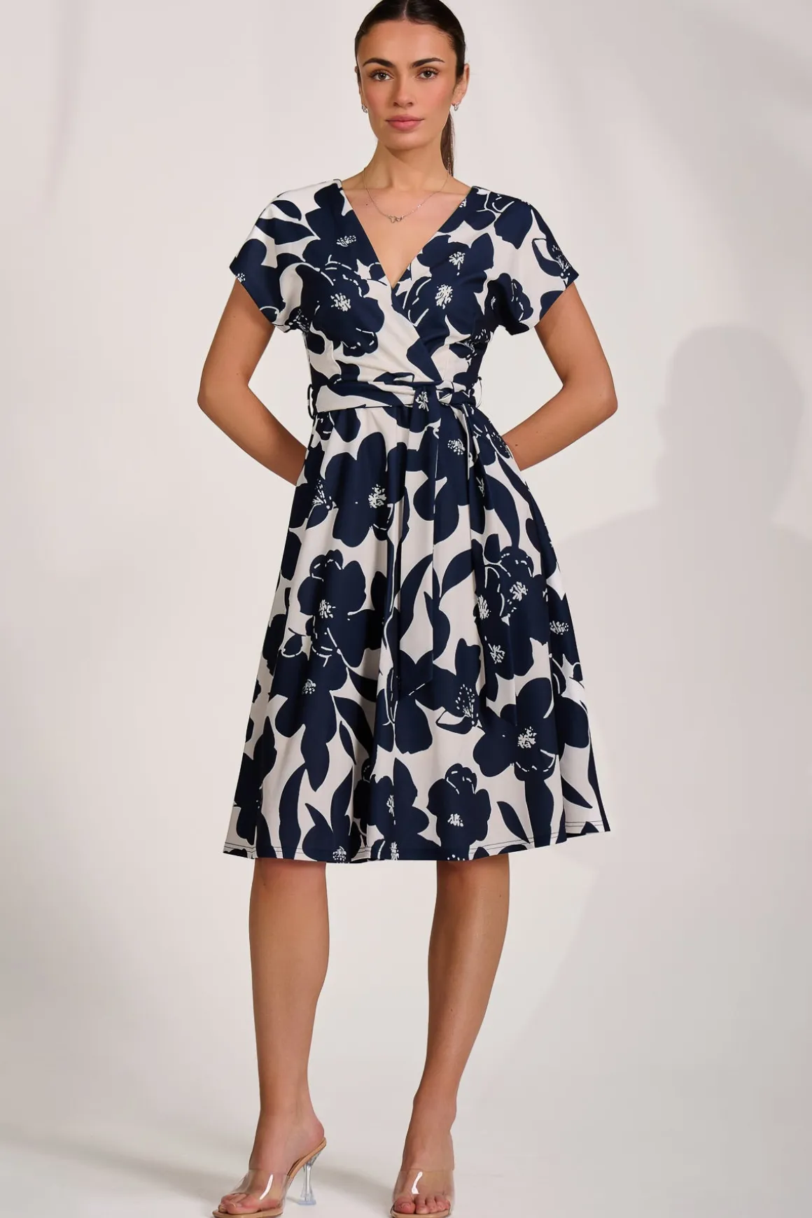 V Neck Print Scuba Midi Dress, Cream Floral