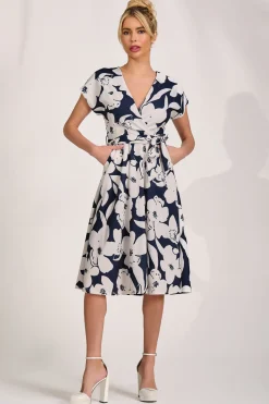 V Neck Print Scuba Midi Dress, Navy Floral