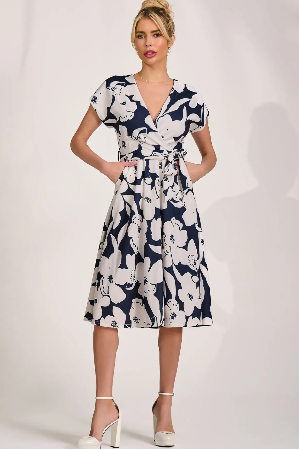 V Neck Print Scuba Midi Dress, Navy Floral